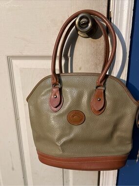 Dooney & Bourke Olive Green Leather Satchel with Brown Trim and Handles